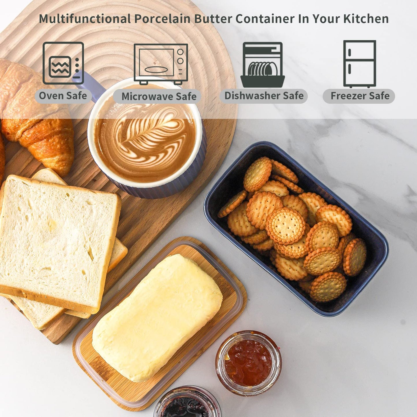 Hasense Ceramic Butter Dish with Lid, Butter Container for Countertop Airtight Butter Stick Covered Keeper,Navy Blue Embossed Pattern,Easy Clean Dishwasher Safe