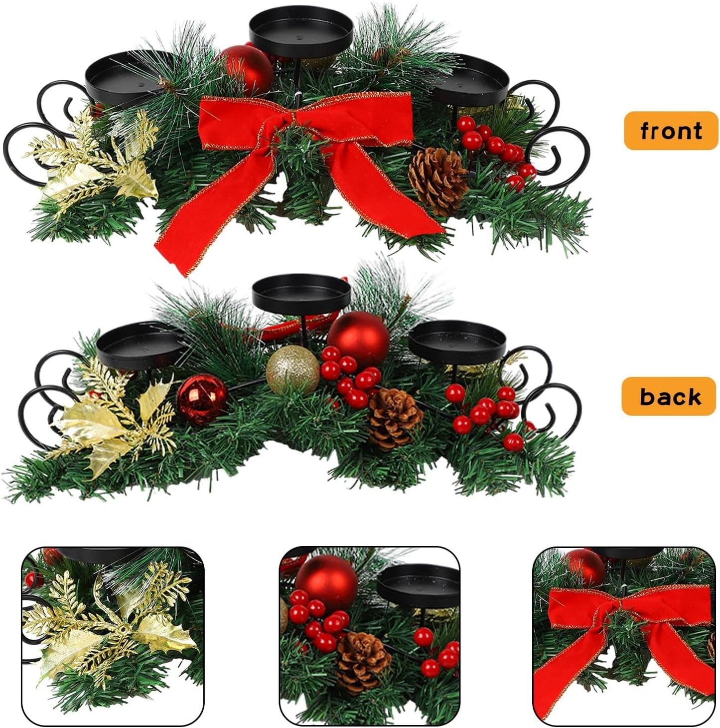 MorTime Christmas Candle Holder - Festive Table Centerpiece with Red Bow, Berries & Pinecones | Steel Base Decor