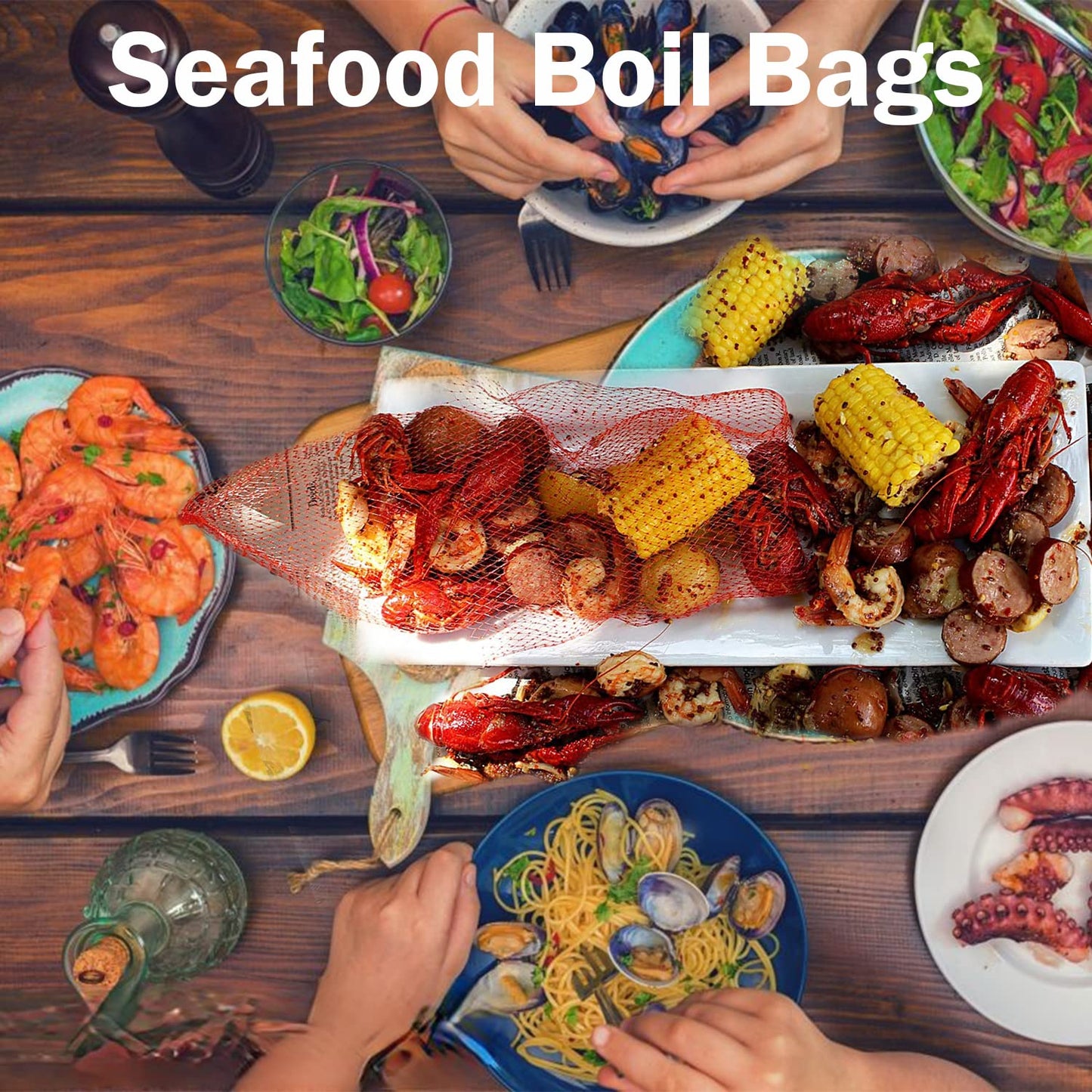 Dupiulk Reusable Produce Mesh Bags, 24 Inch Seafood Boil Bags for Crab Clam Shellfish Crawfish Cooking, Onion Potato Storage Eco-friendly Fruit Vegetable Produce Packaging Supplies Net (100Pcs-Red)