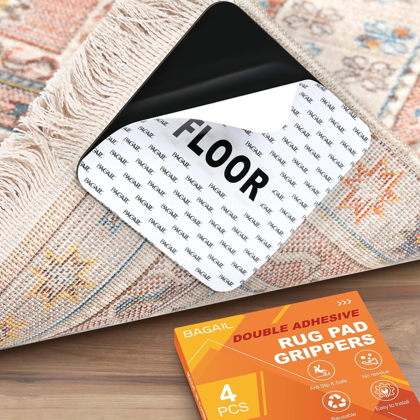 BAGAIL Non-Slip Rug Grippers - 4 Reusable Double-Sided Adhesive Corner Pads for Hardwood & Tile Floors | 4x4in