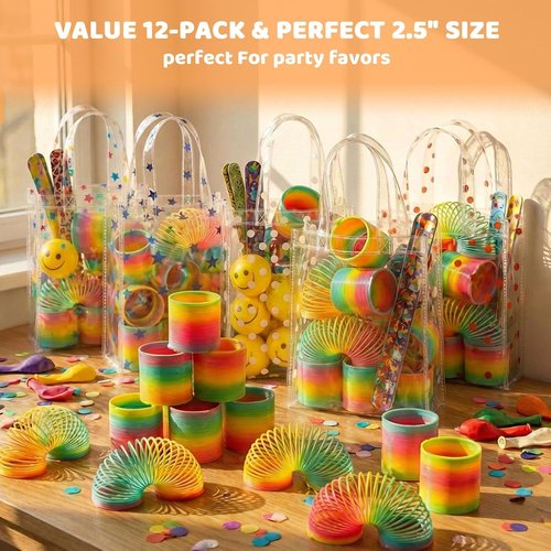 JOHOUSE Rainbow Magic Spring Toys - 12 Colorful Plastic Party Favors for Kids | Ideal for Birthday Goodie Bags