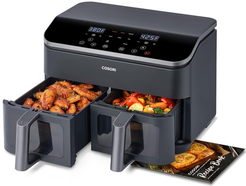 COSORI Dual Air Fryer 9Qt – 10-in-1, Fresh Balanced Meals for Family and Children with Double Baskets, Sync Cook & Finish to Bake, Roast, Reheat, Broil & 130 Recipes for Easy Cooking, Dishwasher Safe