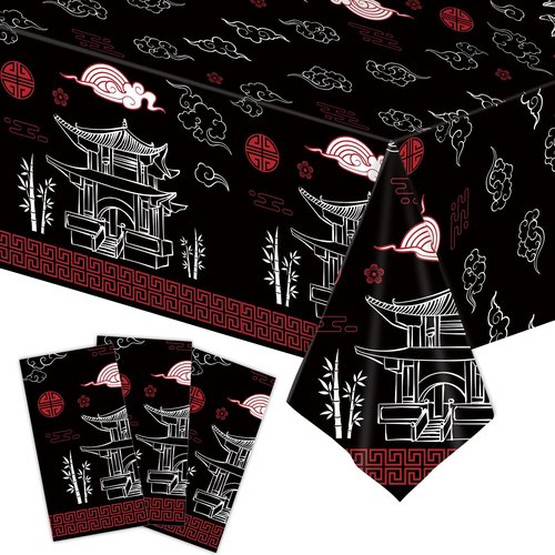 3-Piece 54 × 108 Inch Hibachi Plastic Tablecloth – Black and Red Oriental Disposable Rectangle Table Cover for Chinese New Year, Lunar New Year Party, Asian Festival, and Cultural Celebrations