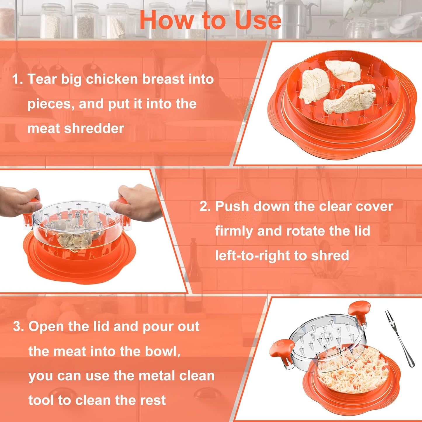 SURETIVIAN Chicken Shredder - Ergonomic Meat Shredder Tool with Brush & Fork | BPA-Free, Anti-Slip, Large Size (Orange)