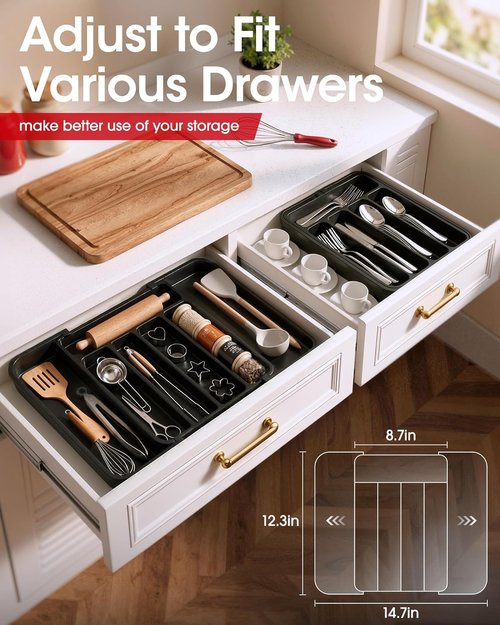 Aujen Silverware Organizer - Expandable Utensil Tray with Adjustable Sections | Black, Medium Size