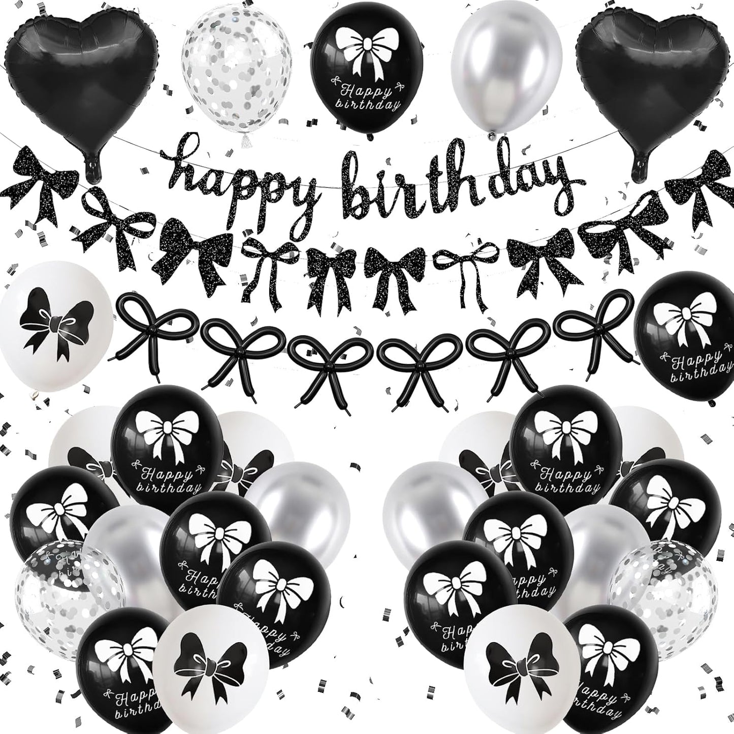 Skiennix Black Bow Birthday Decorations - Coquette Party Set with Happy Birthday Banner & Heart Foil Balloons