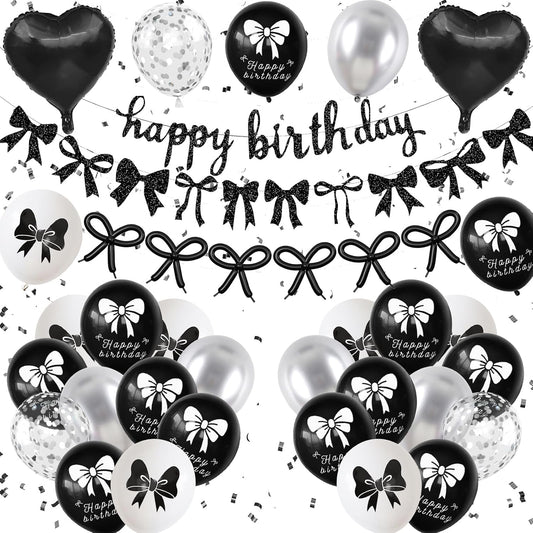 Skiennix Black Bow Birthday Decorations - Coquette Party Set with Happy Birthday Banner & Heart Foil Balloons