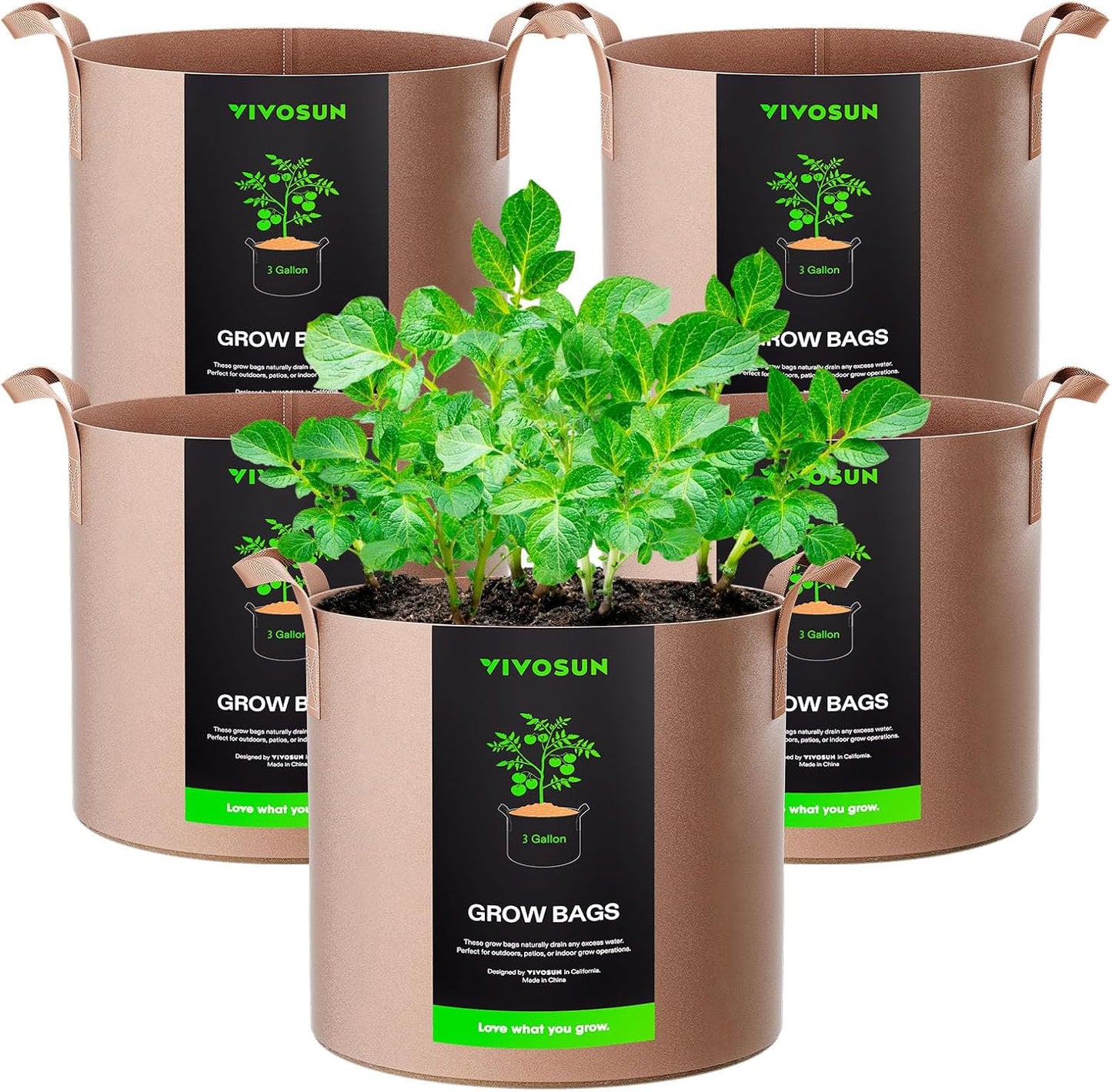 VIVOSUN 3 Gallon Grow Bags - Heavy Duty Nonwoven Fabric Pots with Strap Handles | 5-Pack in Tan