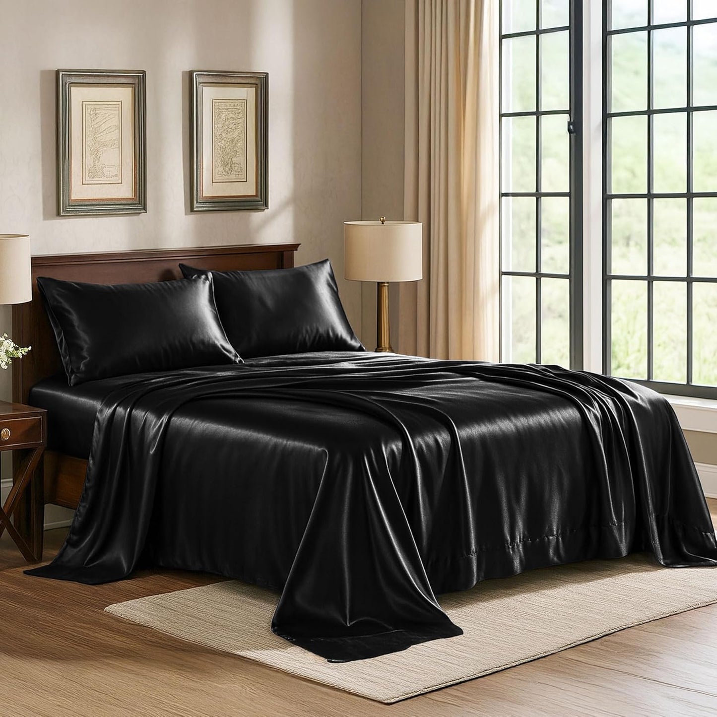 Pure Bedding Satin Sheets - Luxurious 4-Piece Queen Set in Black | Extra Soft 1800 Microfiber, Deep Pocket Design