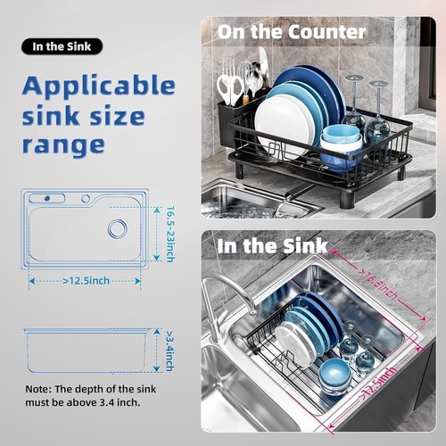 GAOKASE Stainless Steel Dish Drying Rack - Kitchen Counter Dish Drainer with Removable Utensil Holder | Black