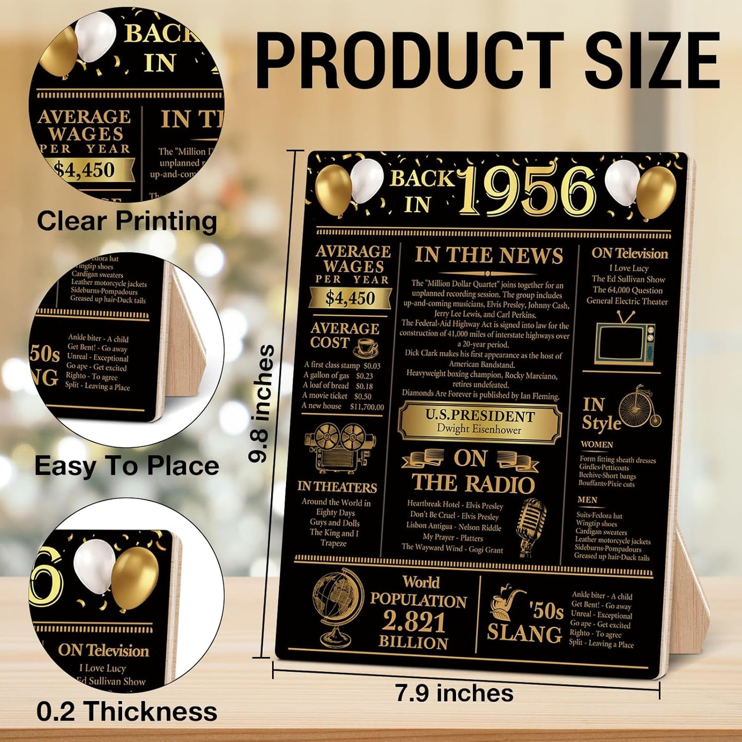 Back in 1956 - 70th Birthday Party Decorations | Black and Gold Wooden Sign & Table Favors