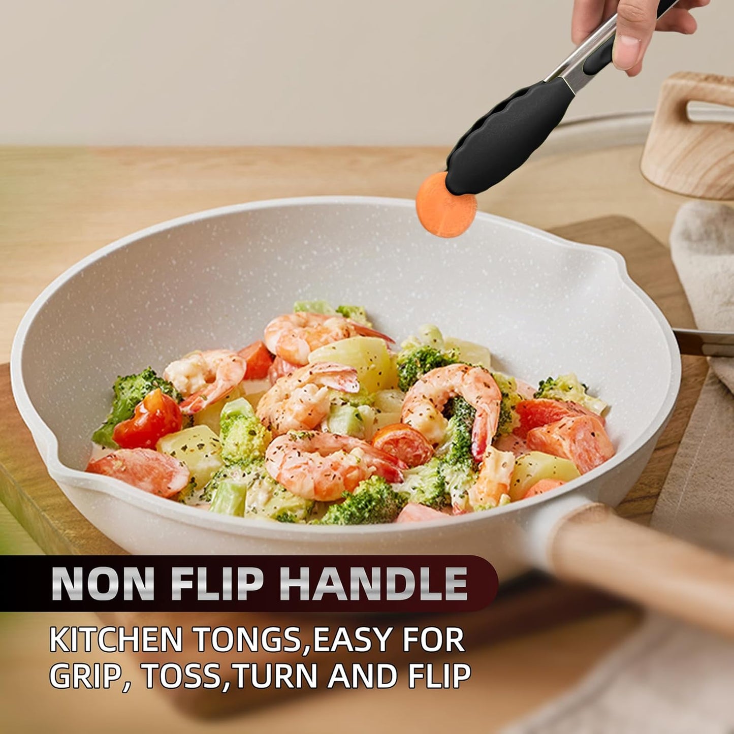 Skiennix Stainless Steel Kitchen Tongs - Non-Stick Silicone Tips, Dishwasher Safe | 7", 9" & 12", Black
