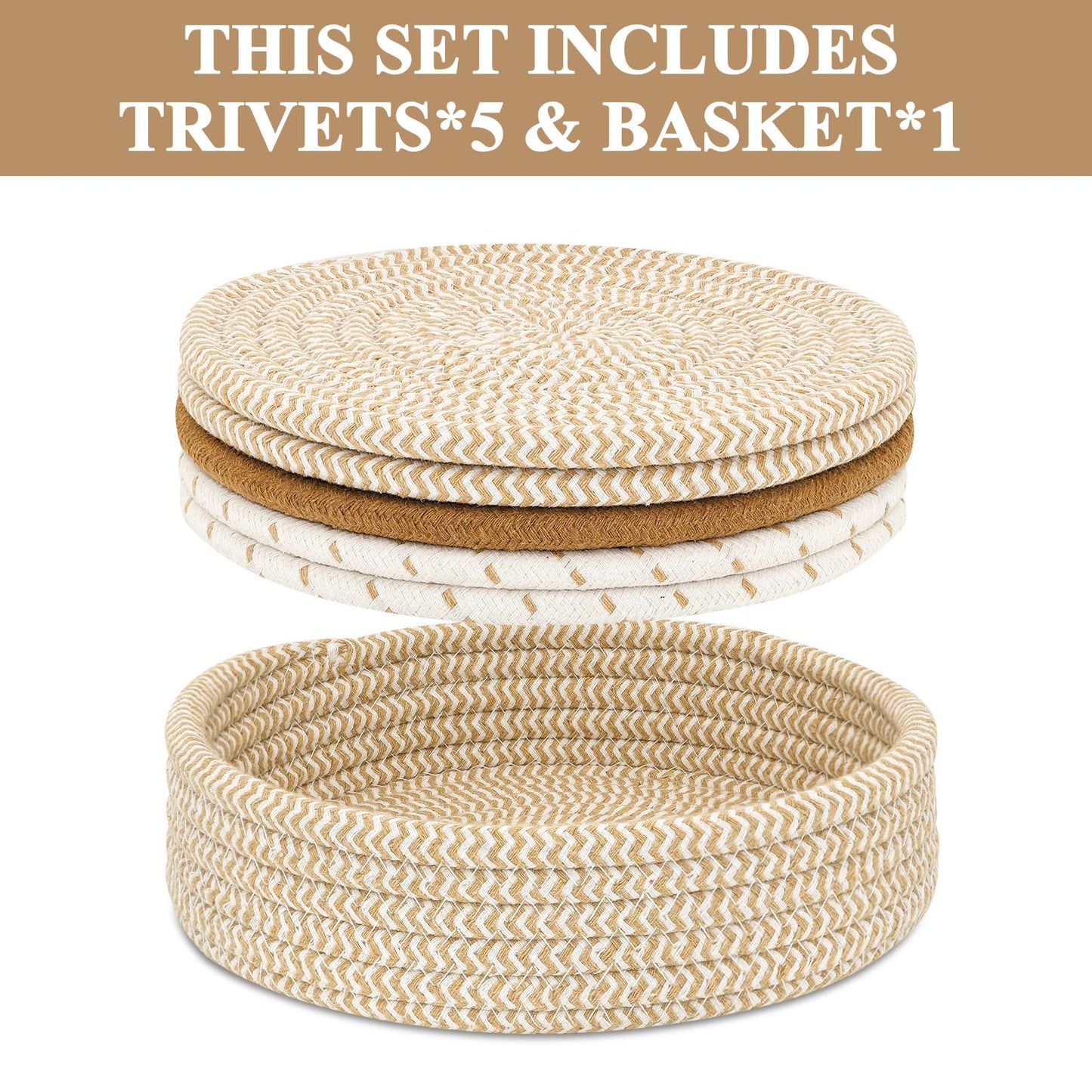 Trivets for Hot Dishes, Pots and Pans, Hot Pads with Storage Basket, Pot Holders for Kitchen, Heat Resistant Mat Protect Counter Home Essentials, Farmhouse Decor (Mix Brown 5 PCS)