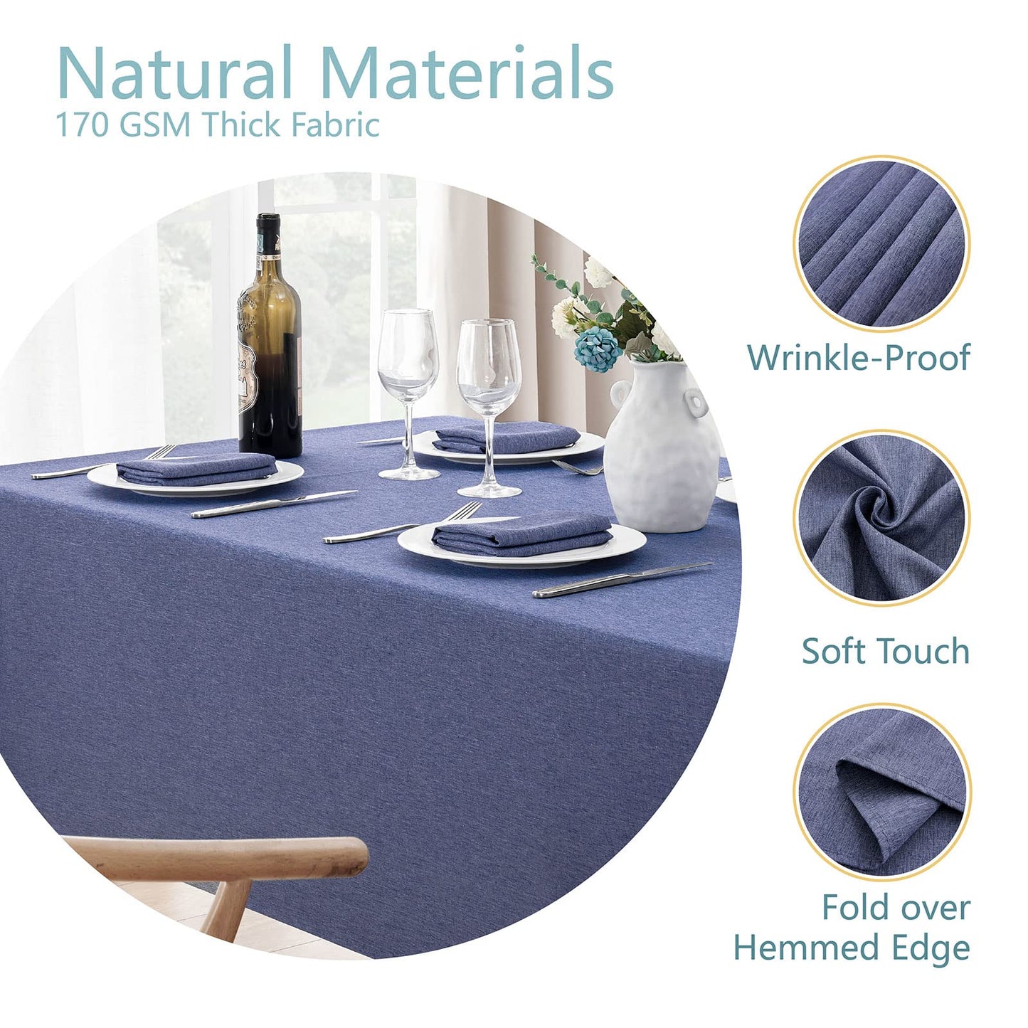 Veblandy Rectangle Tablecloth Linen Textured Waterproof & Stain Resistant Table Cloth Wrinkle Free Decorative Fabric Farmhouse Table Cover for Dining/Party/Buffet/Wedding, 60 x 104 Inch, Demin Blue