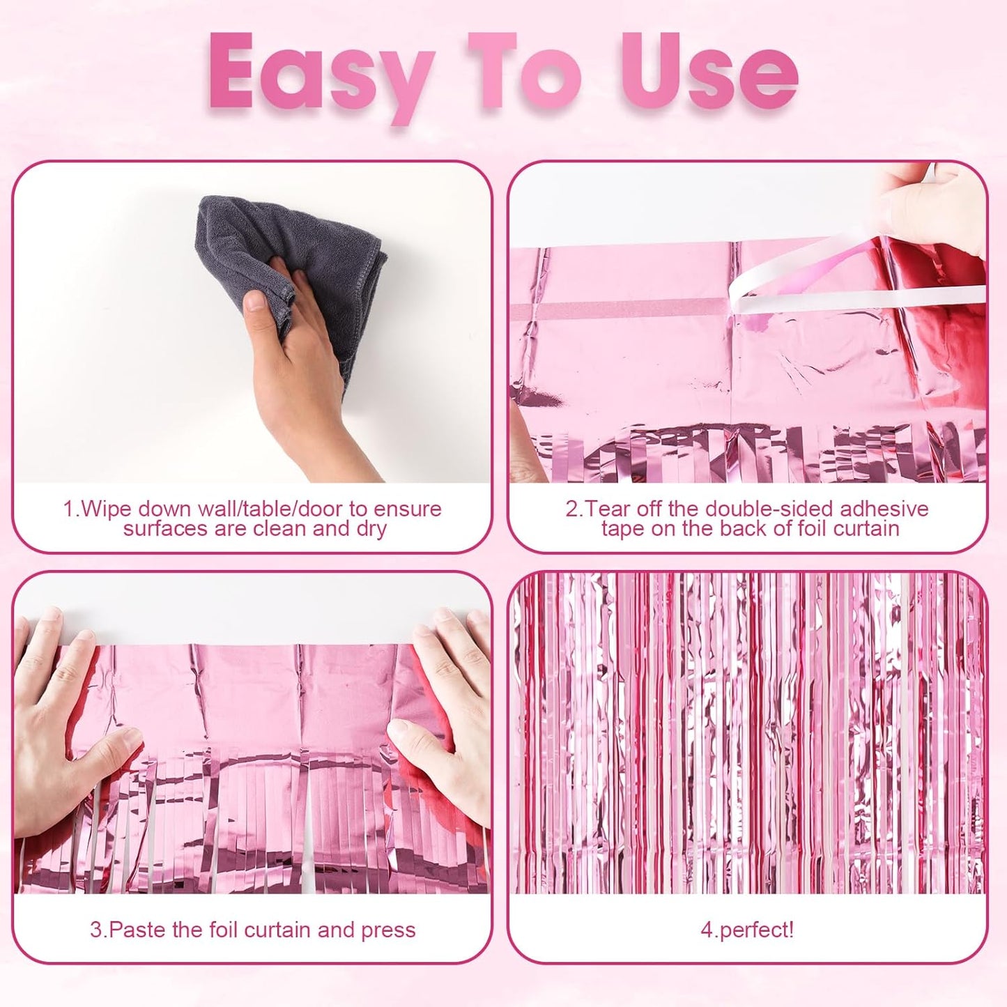 Voircoloria Light Pink Foil Fringe Backdrop Curtains - 3 Pack Tinsel Streamers for Parties & Events
