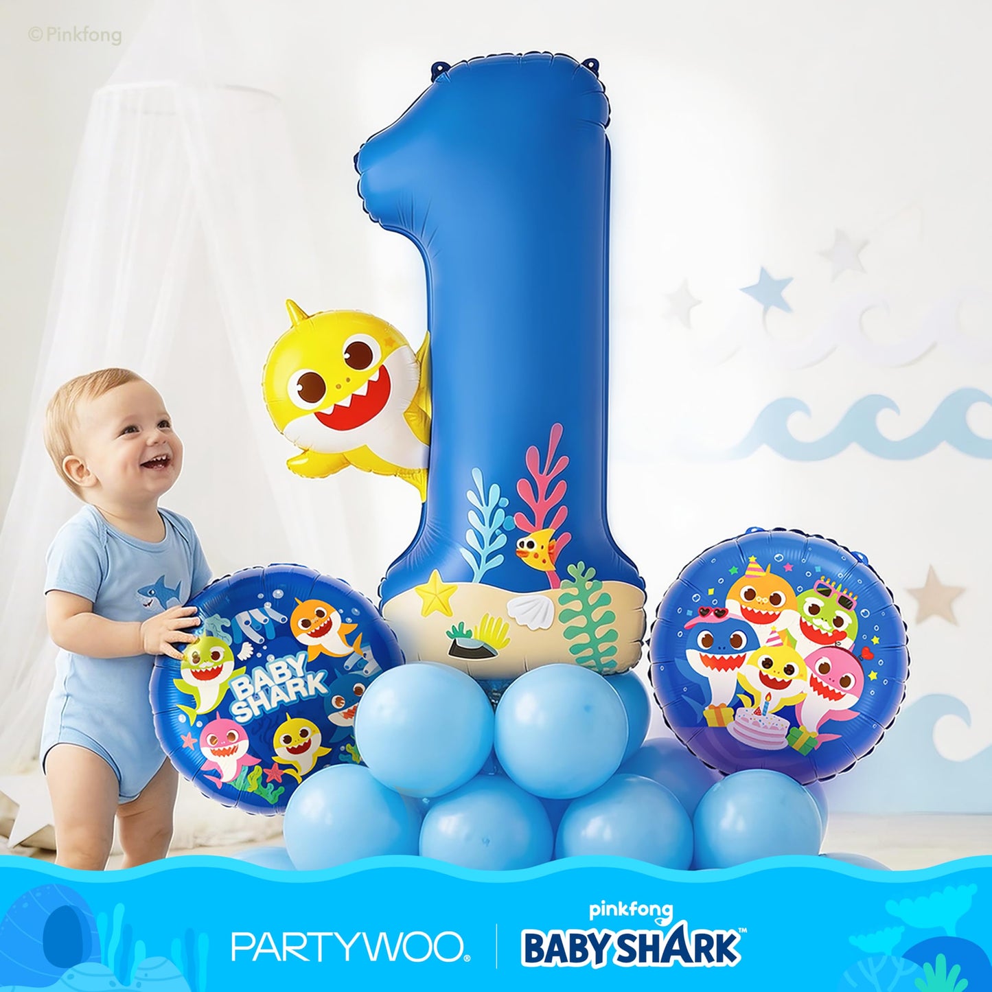 PartyWoo Baby Shark Blue Foil Number 1 Balloon 5pcs 40 18 Inch Blue Round Star Mylar Helium Birthday Balloons for Boys and Girls Baby Shark Under the Sea Ocean Kids First Birthday Party Decorations