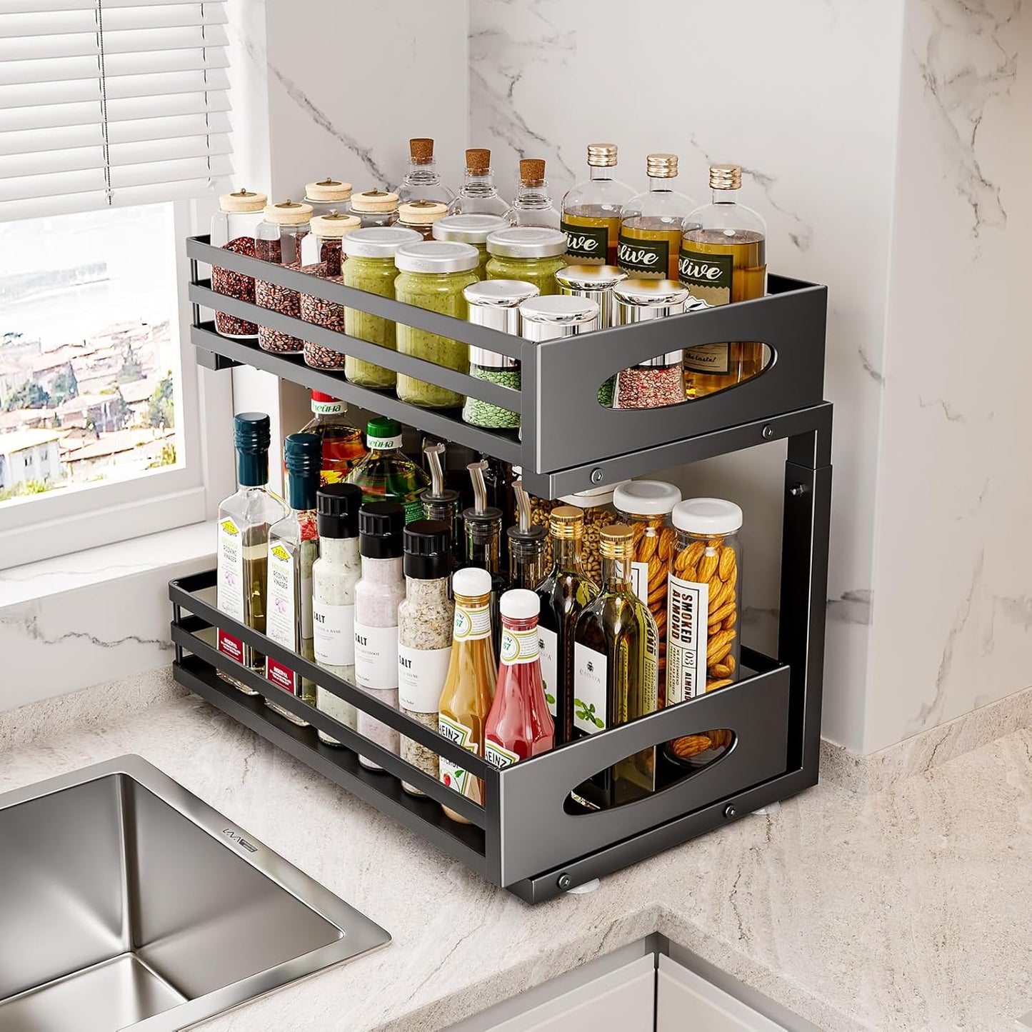 Under Sink Organizer - Skiennix 2-Tier Adjustable Storage Solution | Pull-Out Metal Drawer for Kitchen & Bathroom (Black)