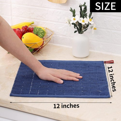 Homaxy 100% Cotton Terry Kitchen Towels(Navy Blue, 13 x 28 inches), Checkered Designed, Soft and Super Absorbent Dish Towels, 12 Pack