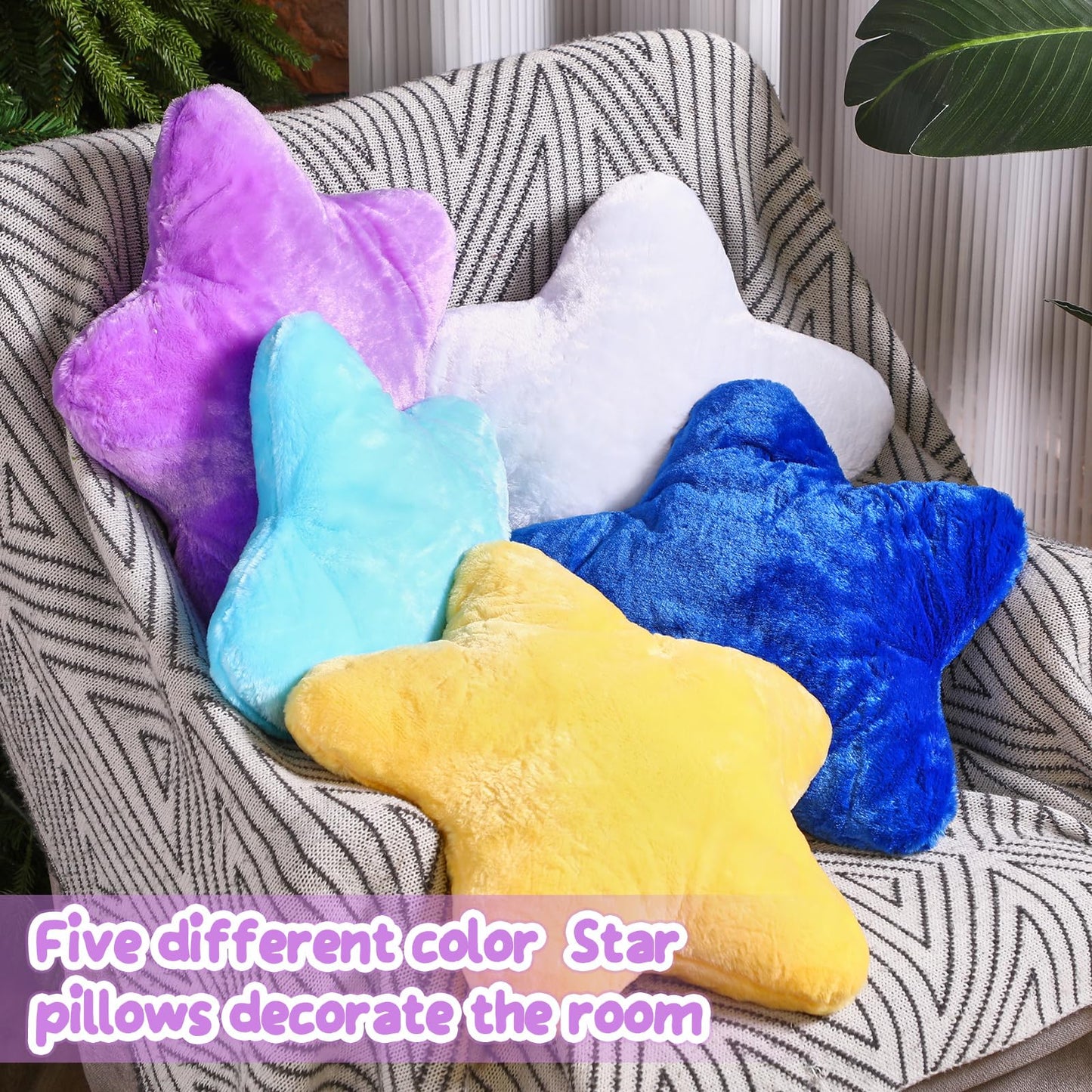 Soaoo 5 Pcs Star Fluffy Pillow Shaped Star Throw Pillow Kids Aesthetic Decor Soft Preppy Cute Cushion for Sofa Living Room Bedroom Back to School 15.75 in (Yellow,Purple,White,Blue,Dark Blue)