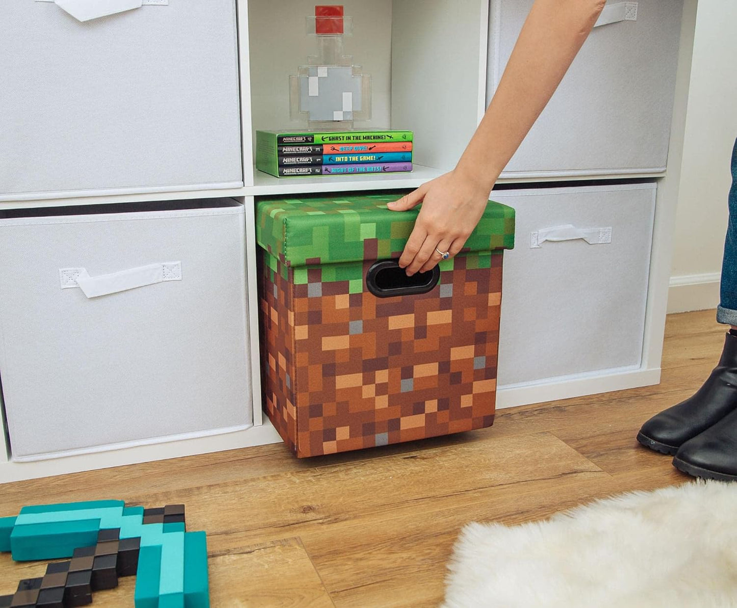 Minecraft Grassy Block Storage Bin - 13-Inch Foldable Fabric Basket with Lid | Cube Organizer for Shelves & Closet