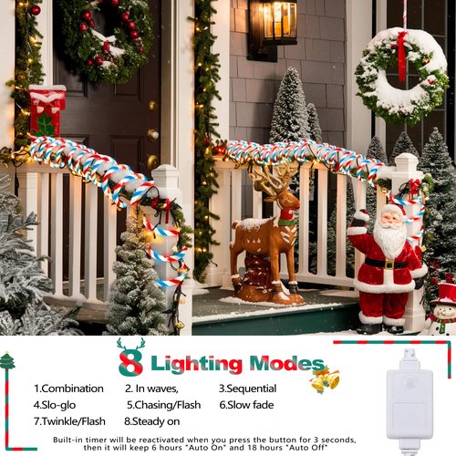 Jnaurb Christmas Candy Cane Lights, 66ft 480 LED Connectable White & Red & Blue Candy Cane Rope Lights for Outside, 8 Modes Waterproof LED Christmas Light for Garden Patio Tree Holiday Party Decor