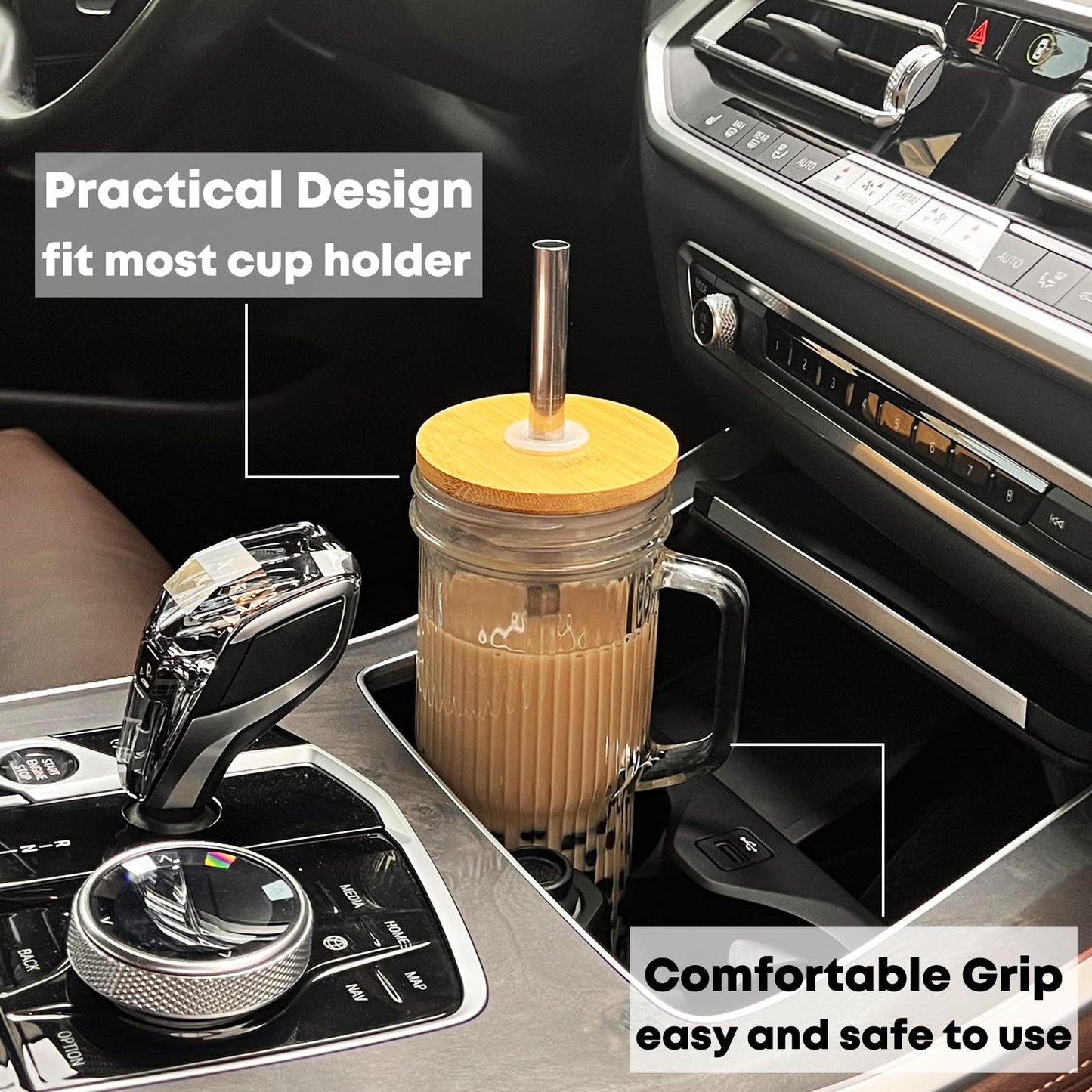 ALINK 24oz Ribbed Glass Cups with Bamboo Lids and Straws, 2-Pack Glass Tumbler with Handle, Reusable Iced Coffee Cups, Wide Mouth Mason Jar Boba Smoothie Cups, Drinking Glasses with 2 Brush
