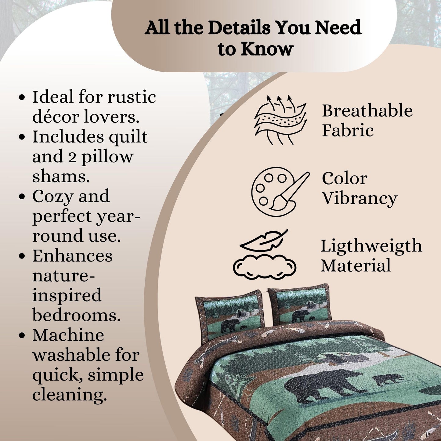 BestGiftEver Quilt Queen Size with Unique Bear RV Park Theme Print Design, Cabin Lodge Quilted Bedspread Coverlet, 3-Piece Rustic Bedding Set with Queen Quilt and 2 Pillow Shams for Nature Lovers
