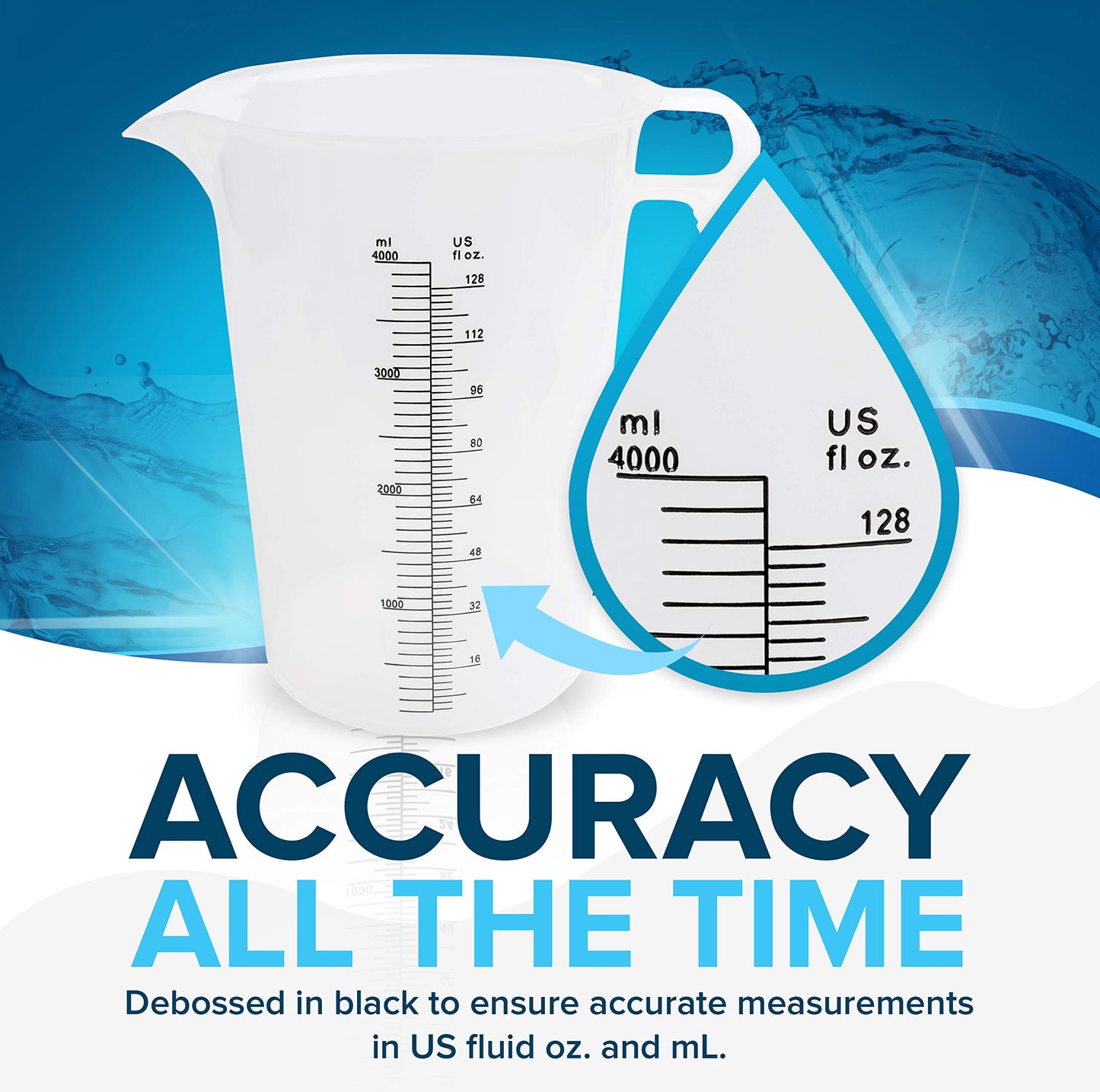 ACCUPOUR 128oz (1 gallon) Measuring Pitcher, Plastic, Multipurpose - Great for Oil, Chemicals, Pool and Lawn - Ounce (oz) and Milliliter (mL) Increments (4000 mL)