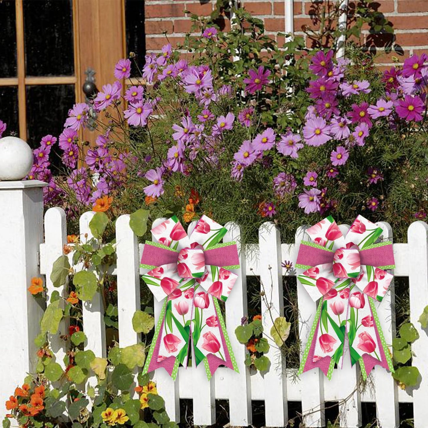 Threetols Floral Wreath Bows - 2 Pack Pink Tulip Decorative Bows for Indoor/Outdoor Home & Garden Decor