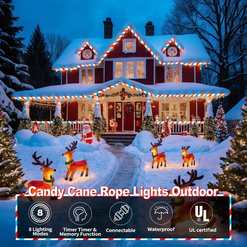 Jnaurb Christmas Candy Cane Lights, 66ft 480 LED Connectable White & Red & Blue Candy Cane Rope Lights for Outside, 8 Modes Waterproof LED Christmas Light for Garden Patio Tree Holiday Party Decor