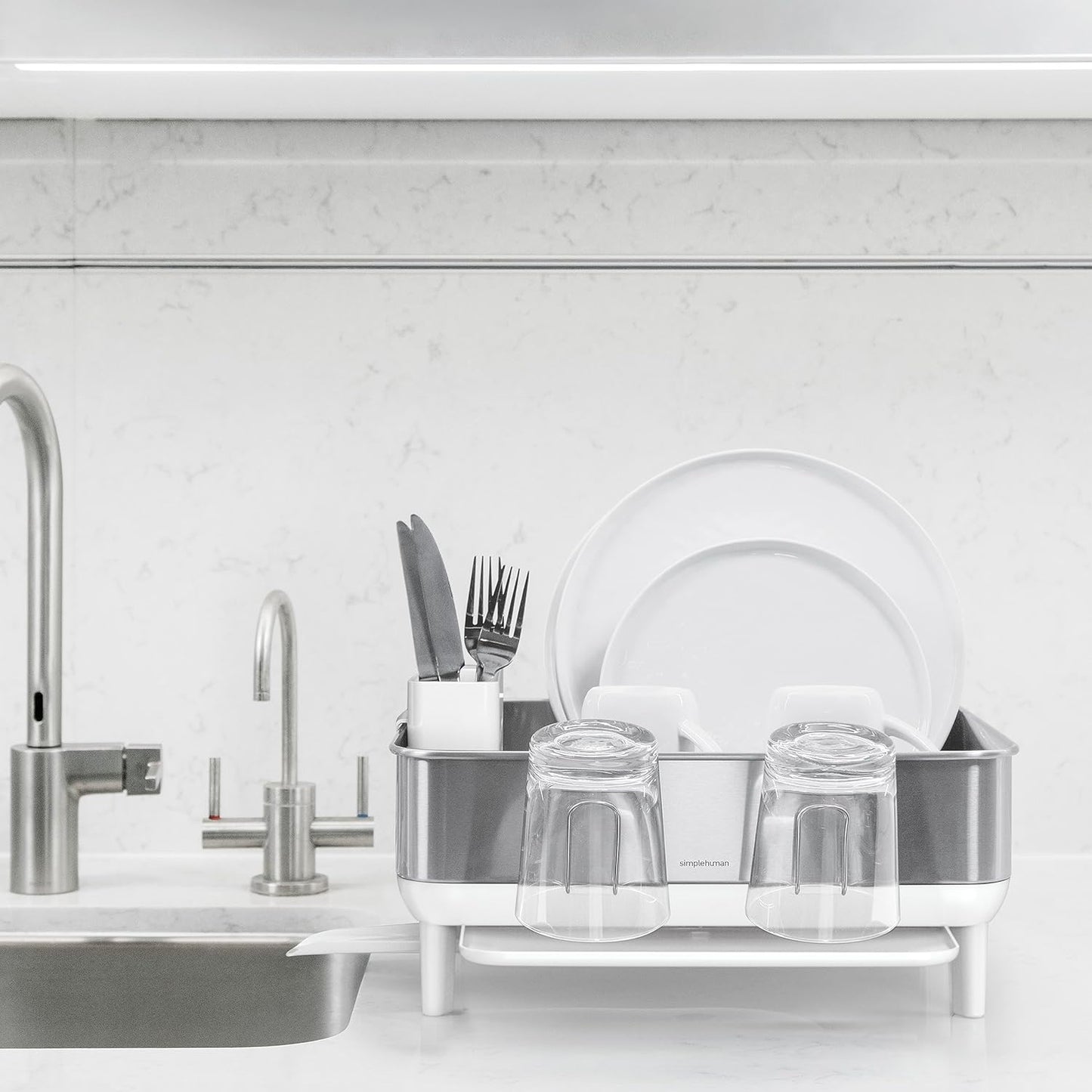 simplehuman Compact Dish Drying Rack - Swivel Spout, Fingerprint-Proof Stainless Steel, White Plastic