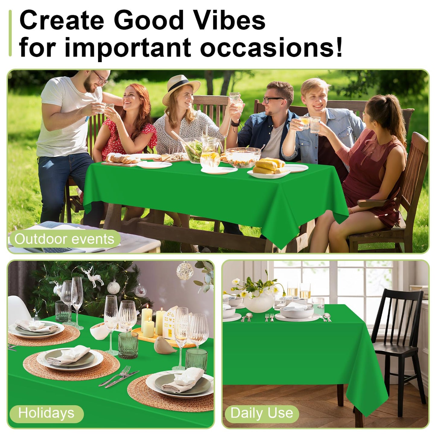 QIKSION Green Plastic Table Cloth Disposable 12 Pack, 54 x 108 Inch Tablecloths for St Patricks Day, Birthday Party, Christmas Decorations, Rectangle Table Cover