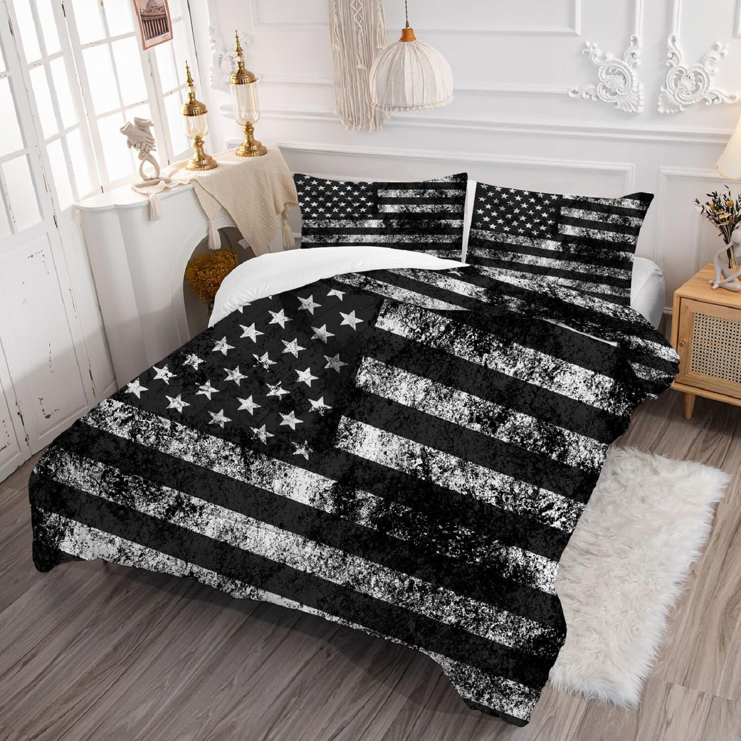 kxry Black and White USA American Flag Comforter Set Queen Size for Boys Kids Teens Dirty US Stars Stripes Flags Bedding Quilt 1 Comforter + 2 Pillow Cases