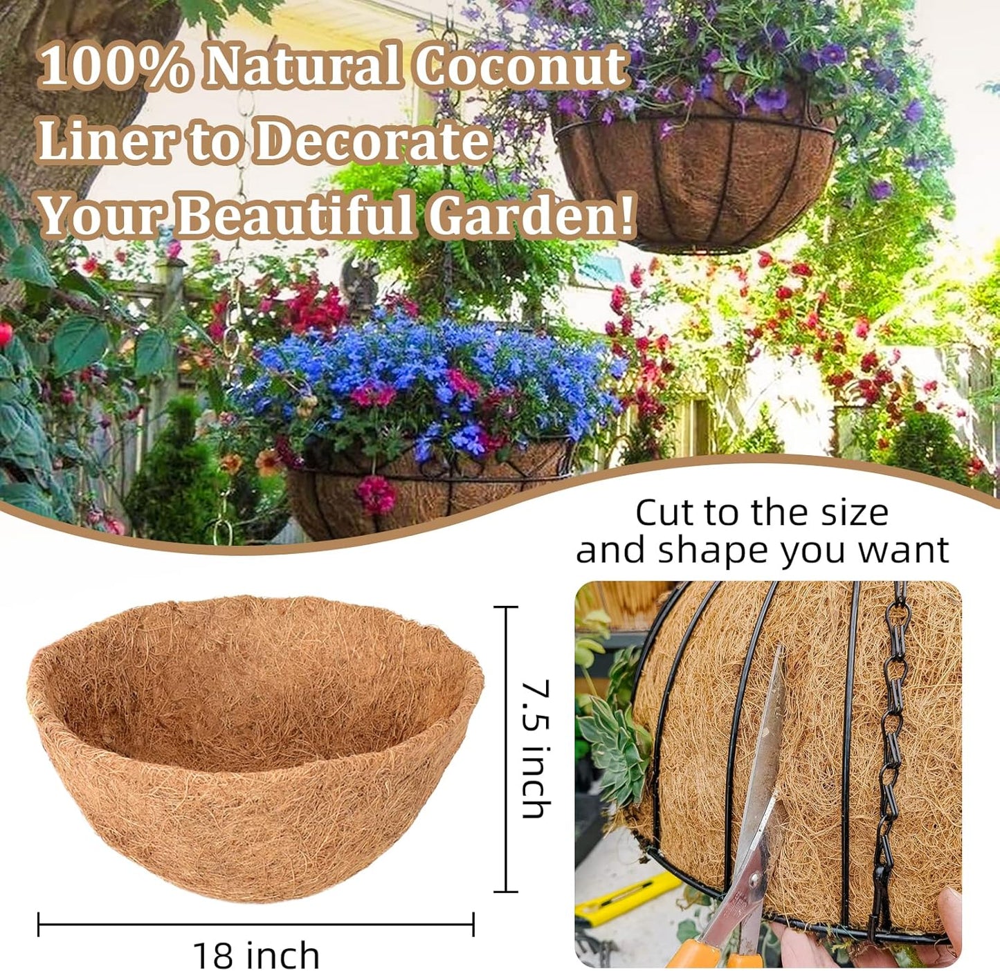 Legigo 18-Inch Coco Fiber Hanging Basket Liners - 4 Pack of 100% Natural Round Planter Liners for Flowers & Vegetables