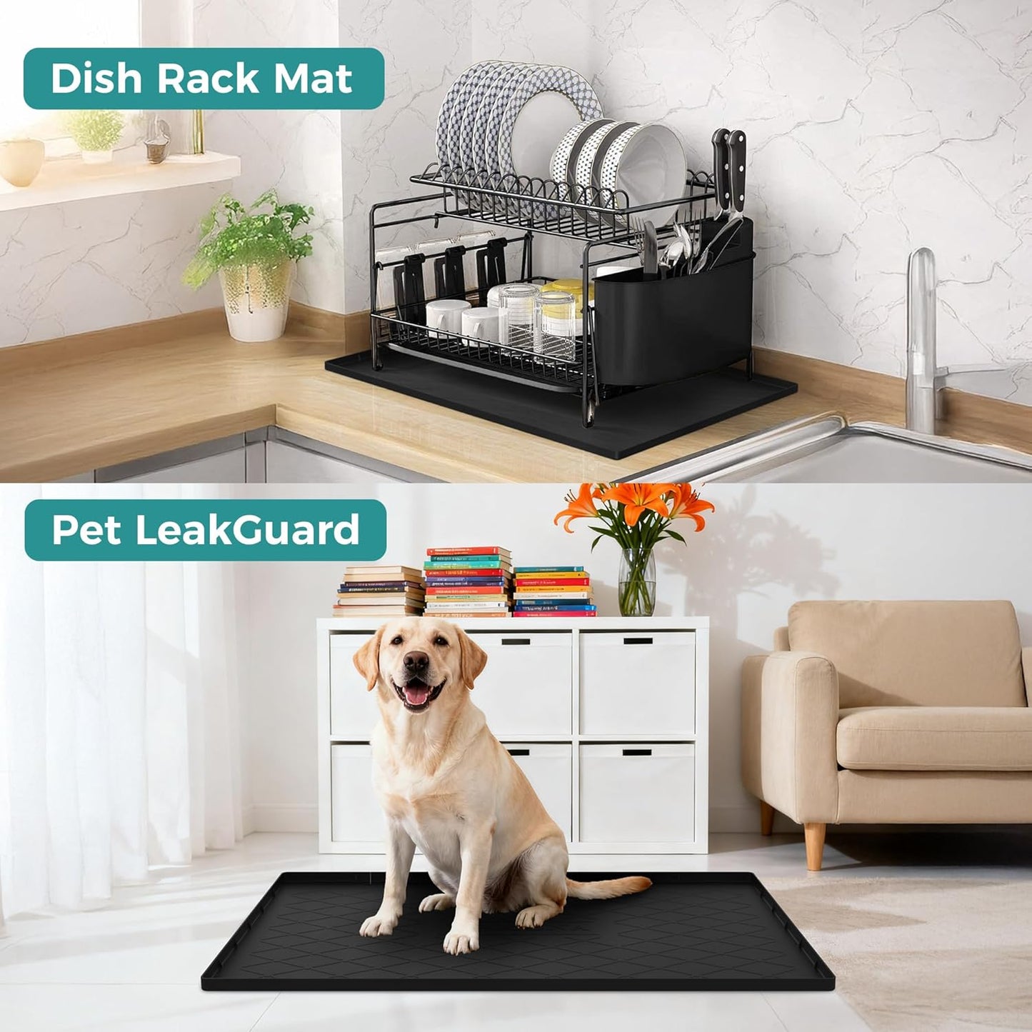 URMONA Waterproof Silicone Mat - 16" x 10" Under Sink Mat for Kitchen & Bathroom | Pet Food Pad in Light Grey