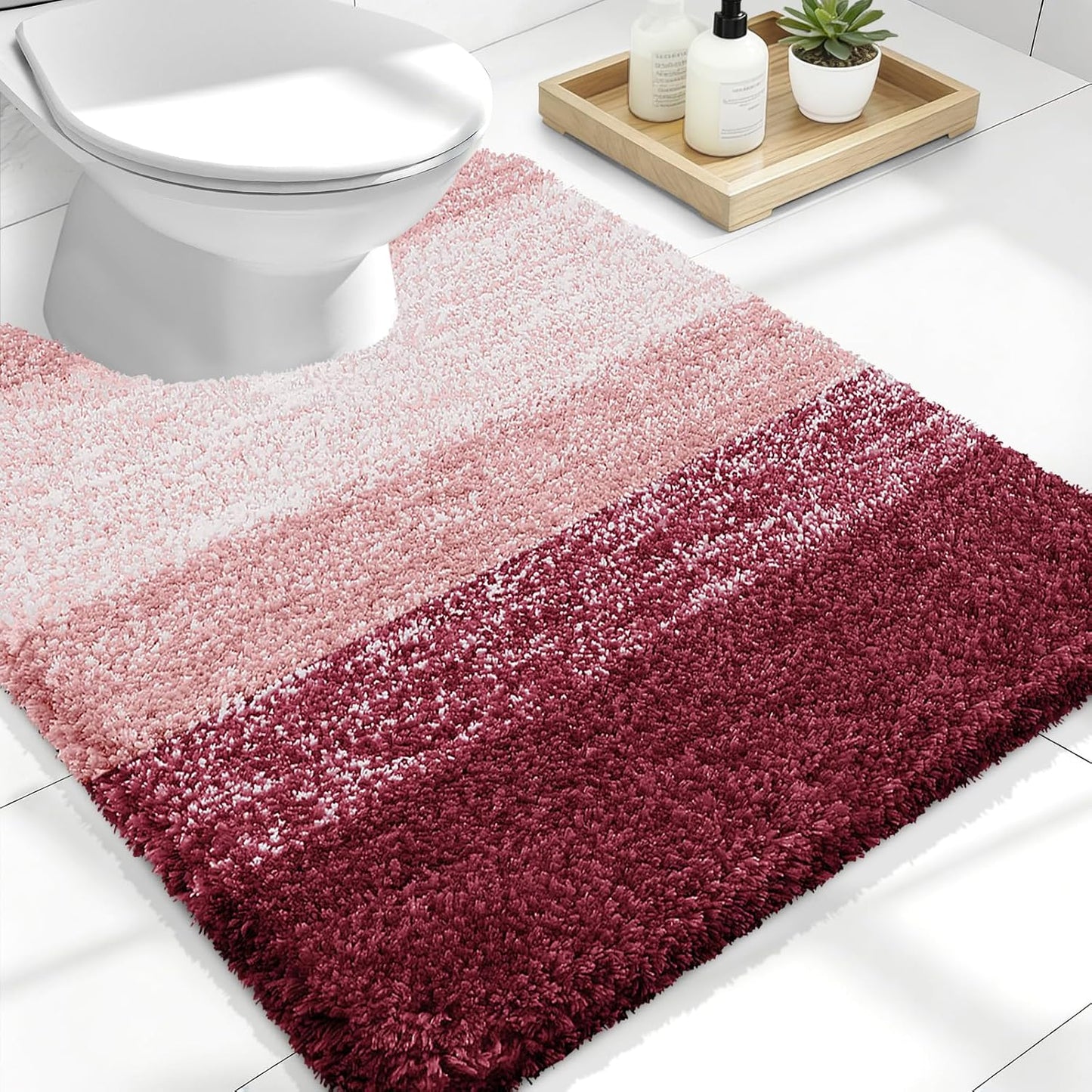 OLANLY Luxury U-Shaped Toilet Rugs - Extra Soft, Absorbent Microfiber Bath Mat, 24x20, Non-Slip, Red