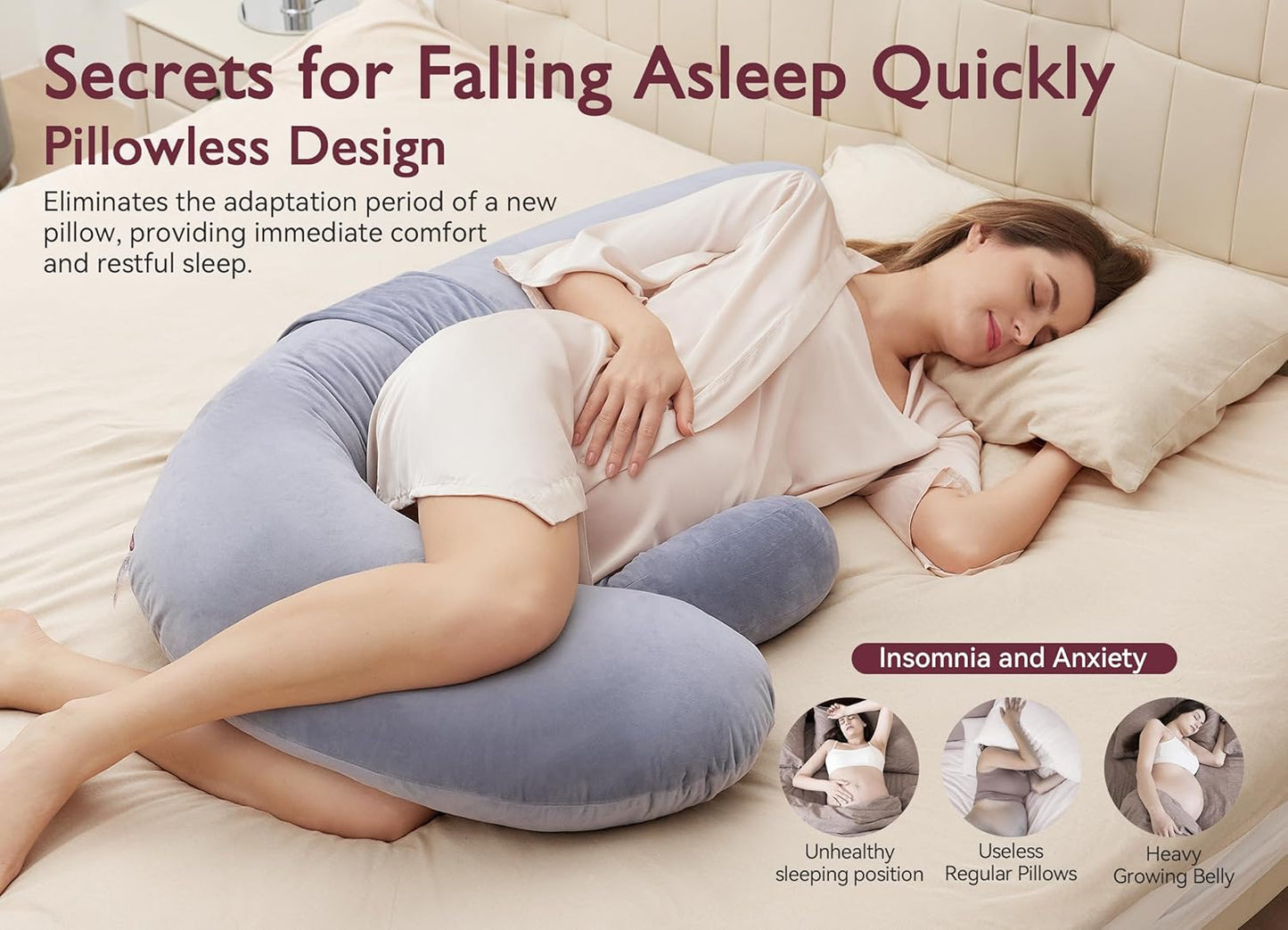 Momcozy Pregnancy Pillow - Original F Shaped Maternity Pillow with Adjustable Wedge | Full Body Support, Grey Velvet Cover