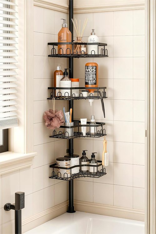 Corner Shower Caddy Tension Pole | 4-Tier Adjustable Bathtub Organizer - Space-Saving Black Design, 34in-120in