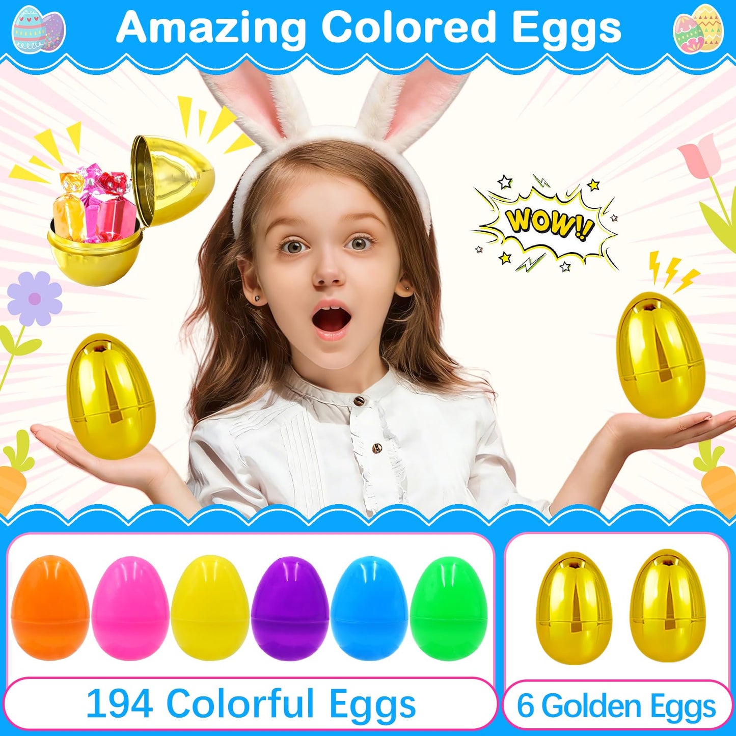 ZICZLI 200 PCS Fillable Plastic Easter Eggs with 6 Golden Eggs, 2.4 Inch Empty Colorful Eggs for Kids Boys Girls Easter Hunt Party Supplies Classroom Rewards Basket Stuffers Easter Party Favors