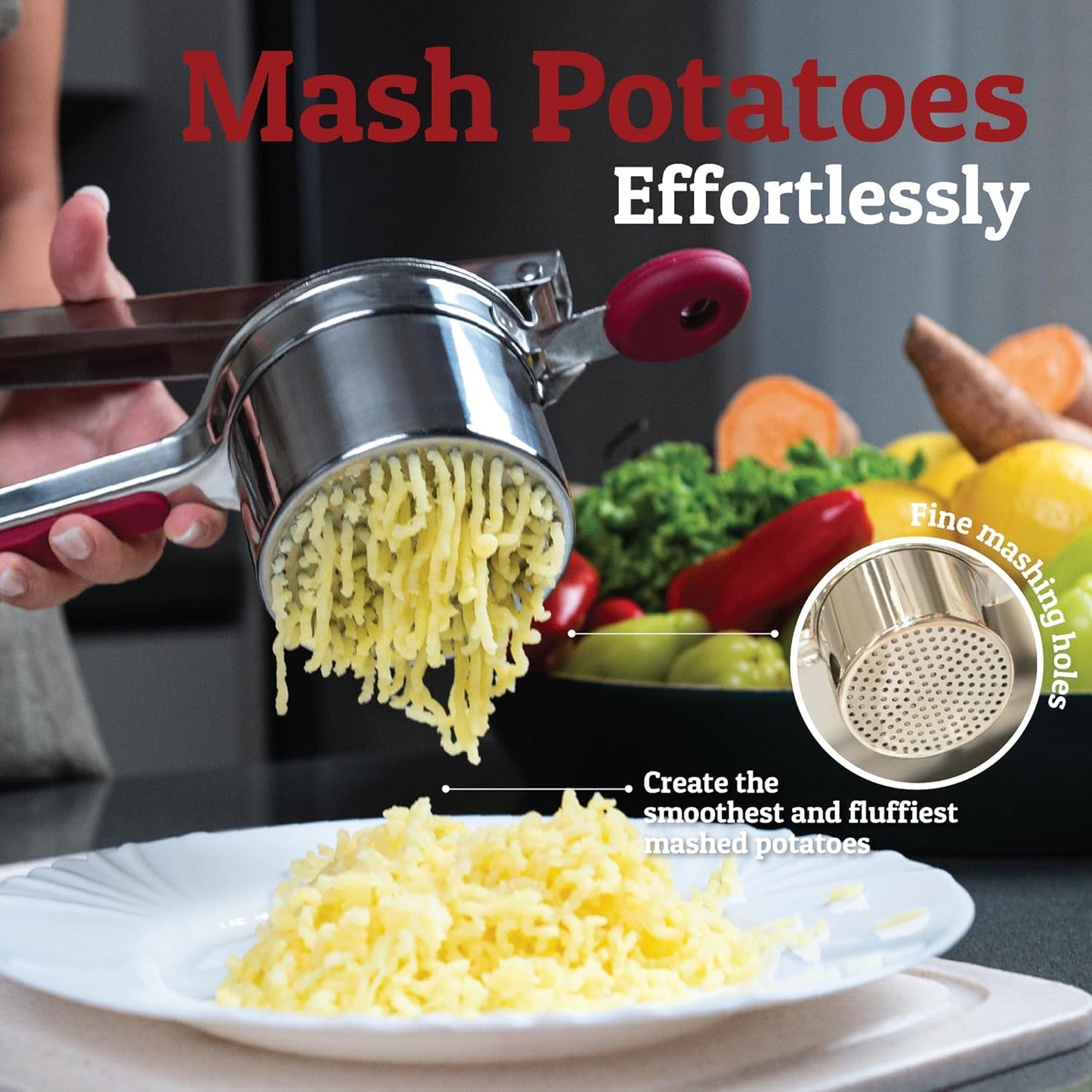 PriorityChef 15oz Potato Ricer - Heavy Duty Stainless Steel Kitchen Tool with 3 Discs | Perfect for Mashed Potatoes