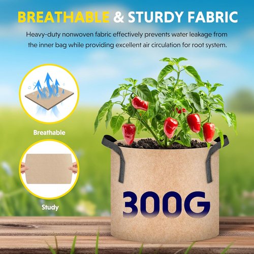 iPower 5-Pack Plant Grow Bags - Durable 5 Gallon Nonwoven Aeration Pots with Strap Handles | Tan