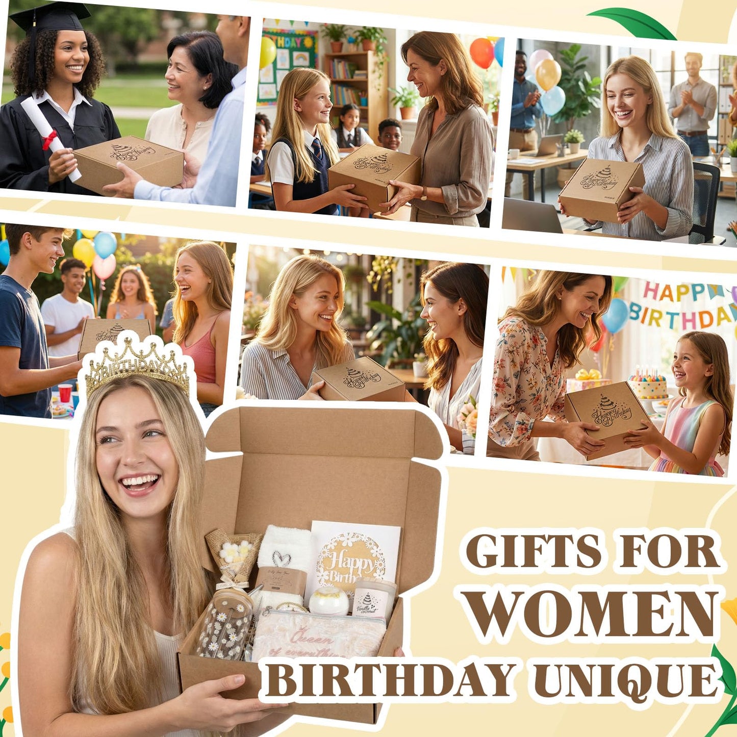 MUGIQUE Birthday Gifts for Women, Birthday Gift Basket with Glass Cup, Happy Birthday Gift Box for Women Teen Girl, Gifts for Sister Daughter Best Friend, Self Care Gift Set, White Daisy
