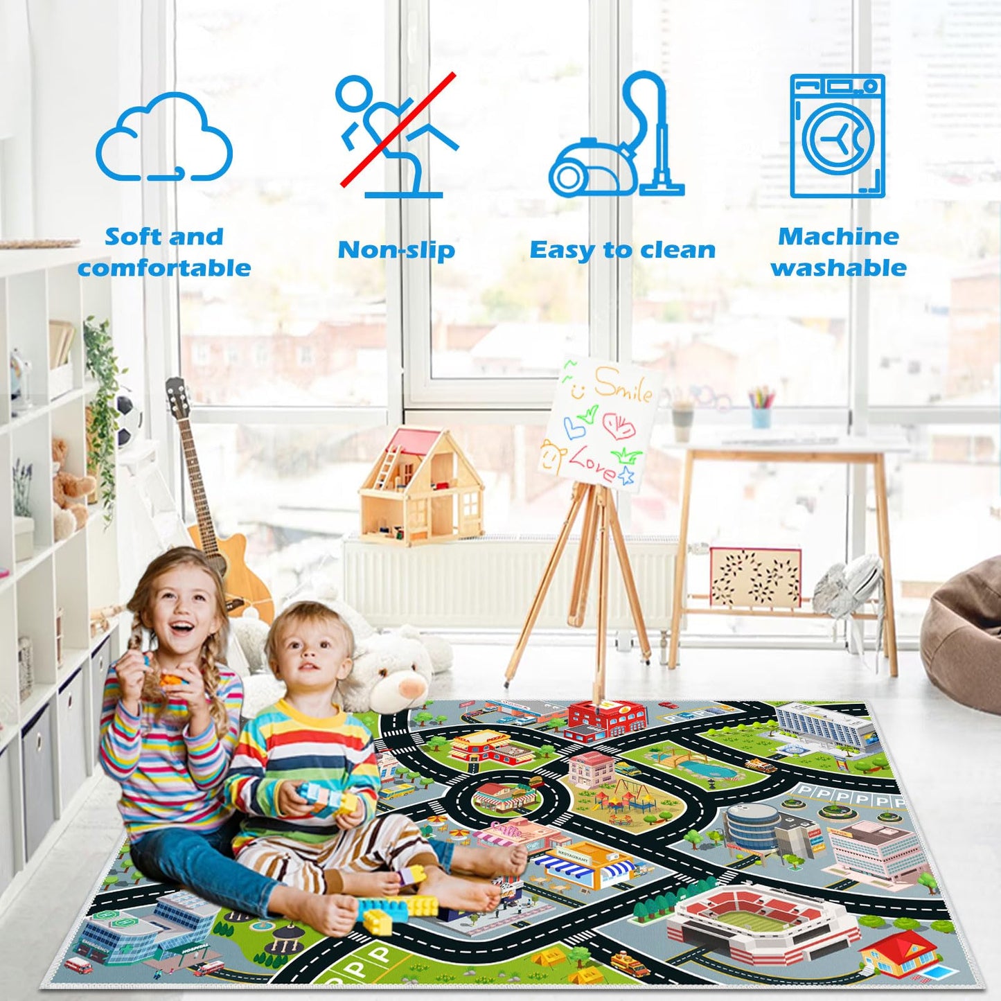 Kids Car Rug, Carpet Playmat for Toy Cars and Train, Road Traffic Play Mat for Kids, Play Area Rug with Non-Slip Backing, Ideal Gift for Children's Room playroom(4×6ft/47×71in)
