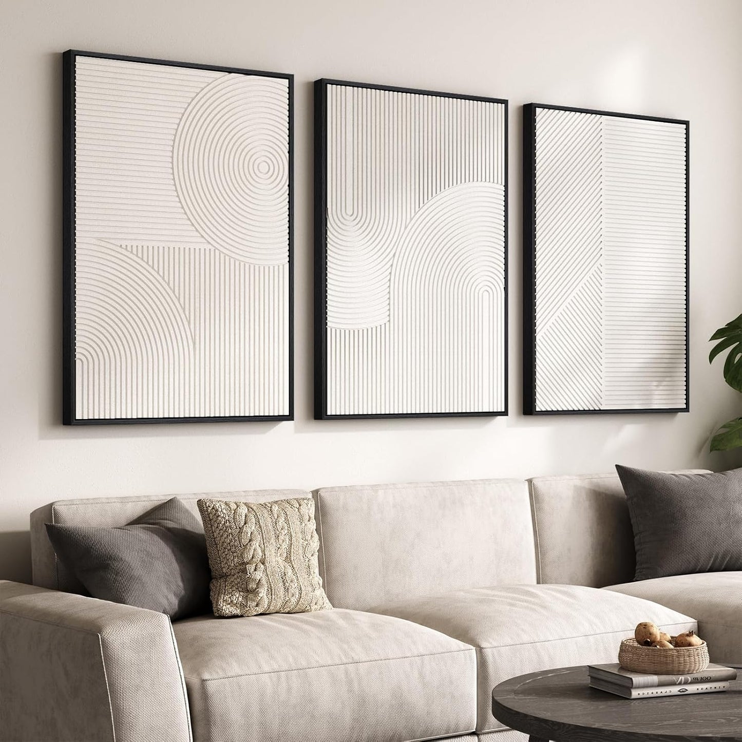 Large Framed 3D Textured Abstract Wall Art - Modern White Geometric Decor | 3-Piece Set for Living Room, Bedroom, Office (24x36 In)