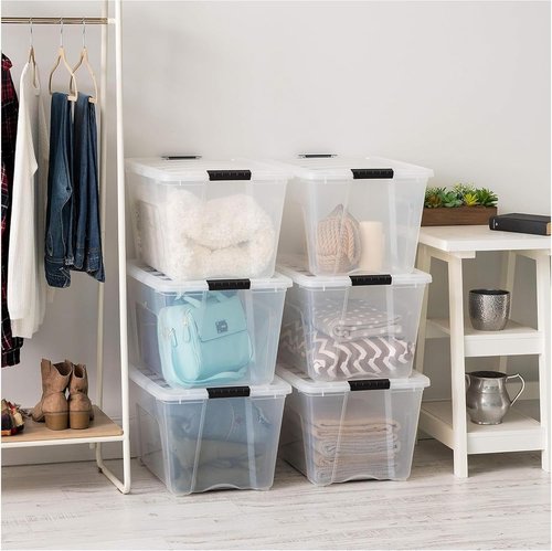 IRIS USA 54 Qt Stackable Plastic Storage Bins - BPA-Free, Durable Lids, 12 Pack | Clear Organizing Solution