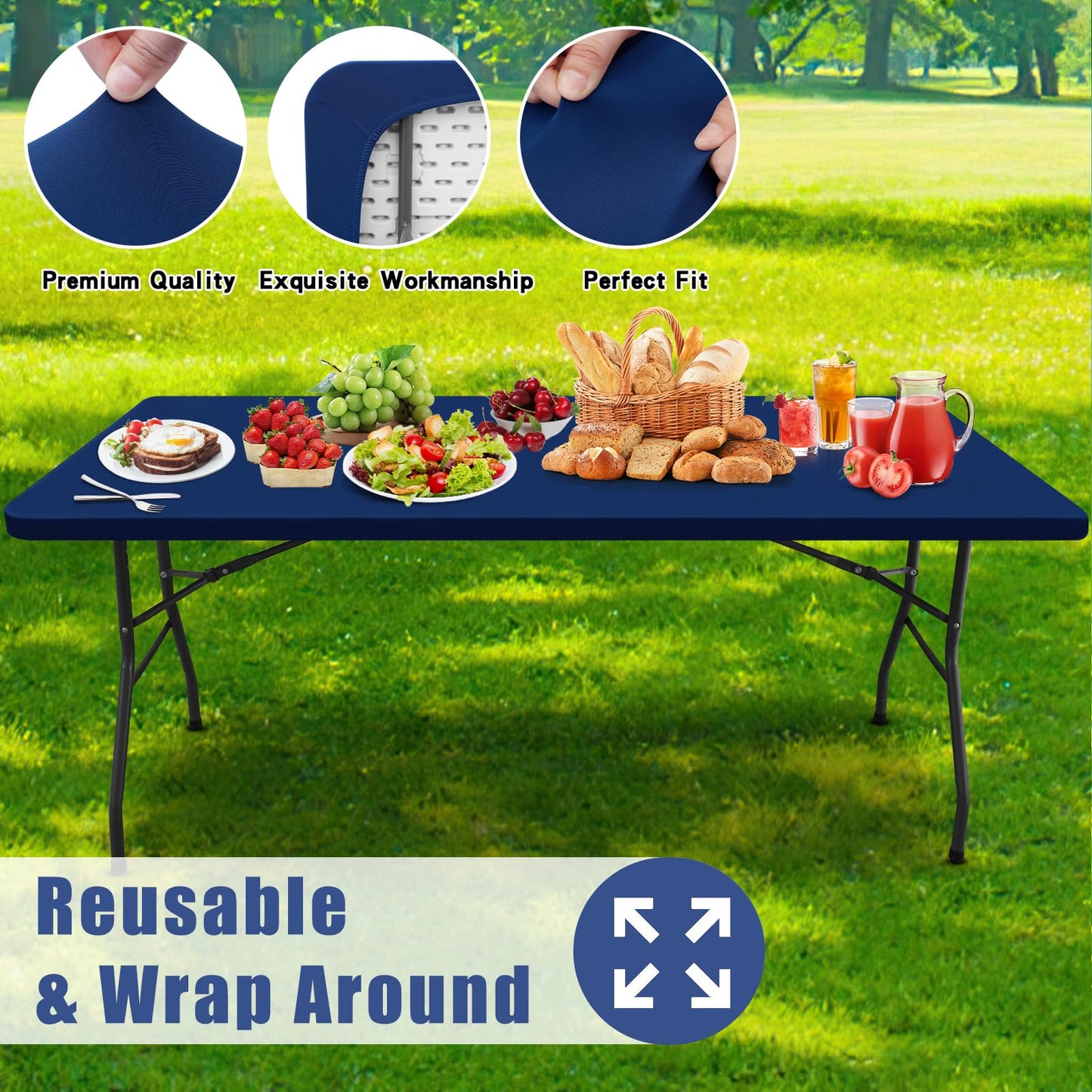 Moosfor Spandex 6 Foot Rectangle Table Cloth, Elastic Fitted Tablecloths for Picnic, Stretch Washable Patio Table Cover for Outdoor, Camping, Banquet and Parties (Navy, 30"x72")