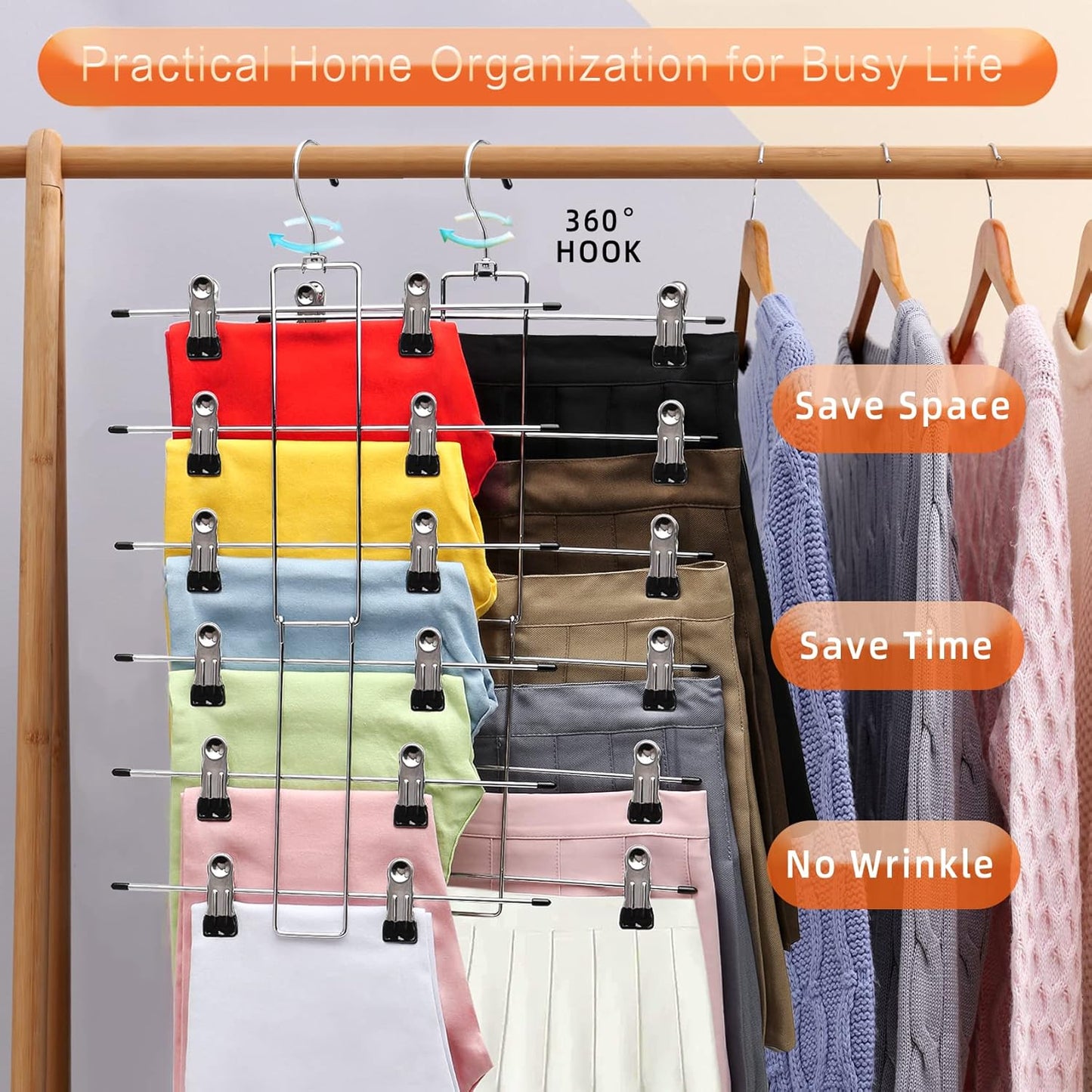 Skiennix 3-Pack Pants Hangers - Space-Saving 6-Tier Closet Organizers with Clips | Ideal for Jeans & Scarves