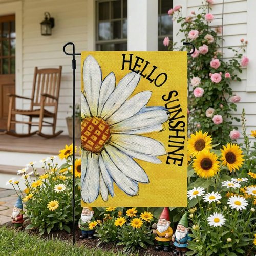 CROWNED BEAUTY Summer Garden Flag - Double-Sided Daisy Design | 12x18 Inches Burlap Welcome Decoration (Yellow)