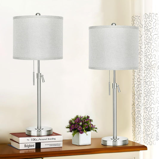 Brushed Nickel Table Lamps Set of 2: 22" to 30" Height Adjustable Nightstand Lamps with Grey Linen Shade Pull Chain Switch Silver Pole Beside Lamp for Living Room Bedroom (Brushed Nickel,Grey Shade)