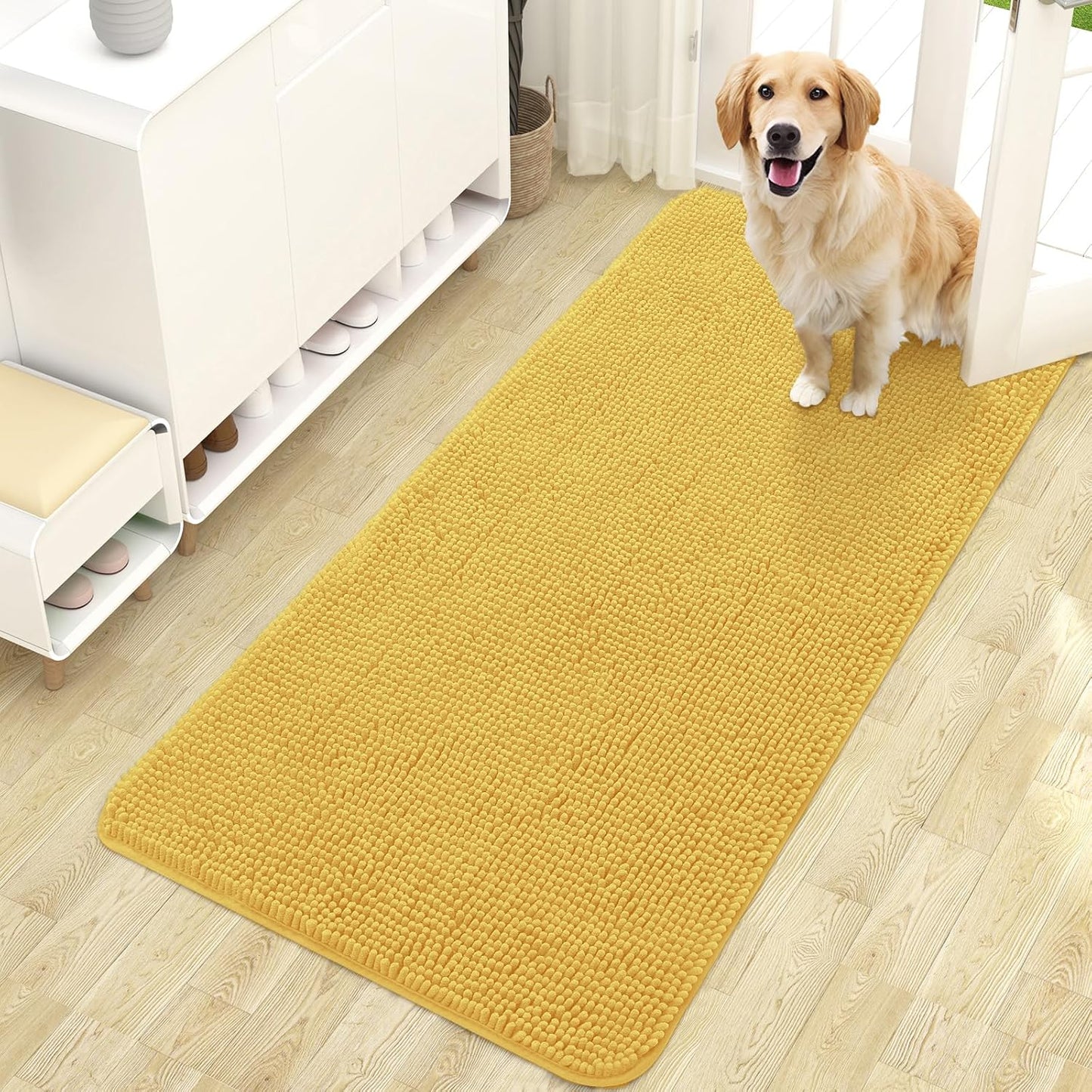 OLANLY Dog Door Mat - Absorbent Non-Slip Chenille Mat for Muddy Paws | 47x24 Inches, Quick Dry, Yellow